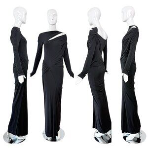 DONNA KARAN black long sleeve maxi dress evening gown ruched cut out